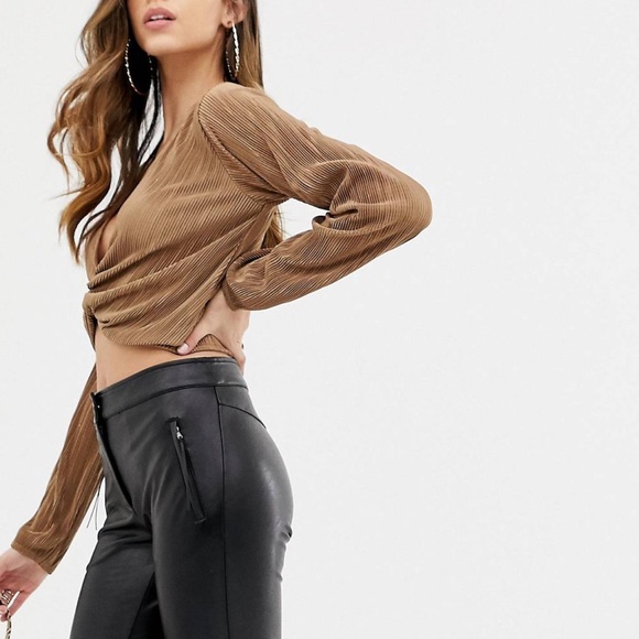 ASOS DESIGN Wrap Top with Plunge Twist Front in Plisse Long Sleeve - Picture 1 of 3